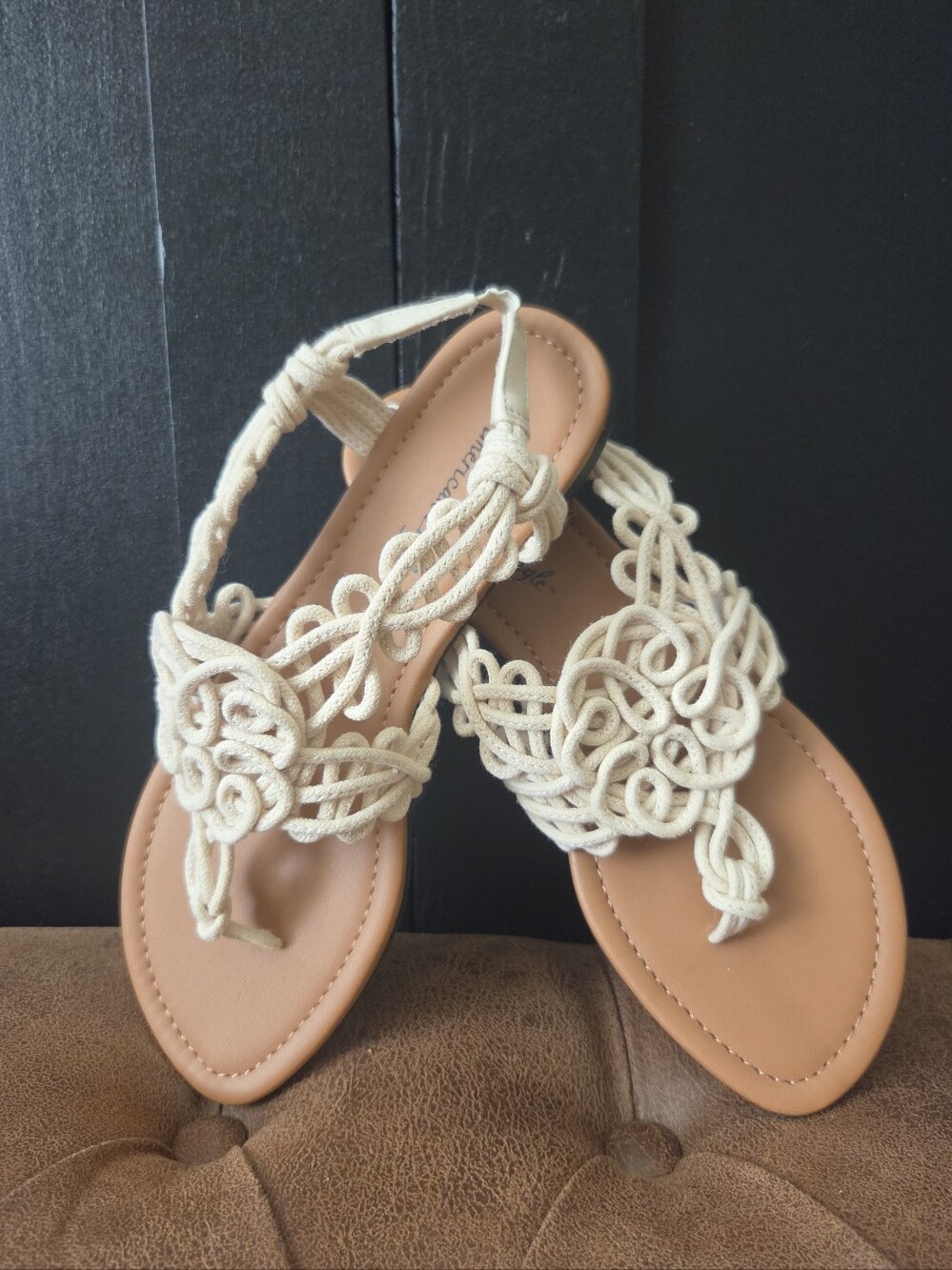 Women’s American Eagle Cream Knotted Rope T-Strap Sandals ~ Size 6